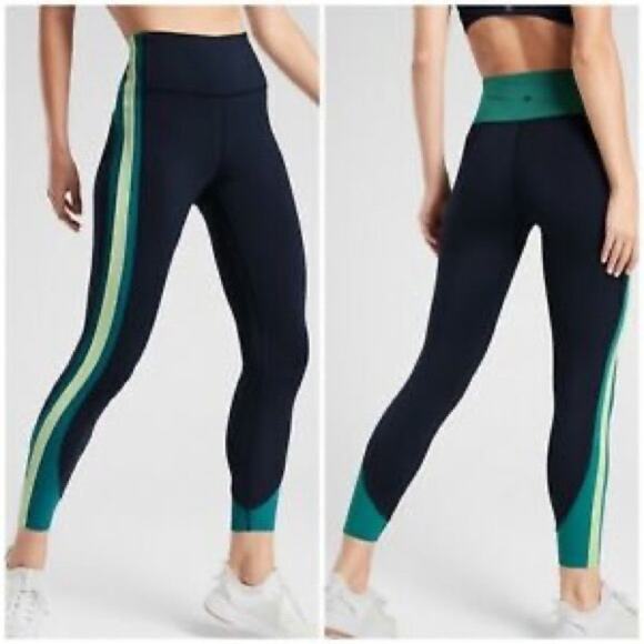 ATHLETA LEGGINGS M CRUNCH 7/8 COLORBLOCK SUPERSONIC NAVY BLUE GREEN ACTIVEWEAR - Picture 1 of 8